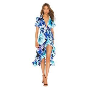 Misa Los Angeles Faizah Teal Blue Multiple Floral Long Ruffled Dress Size Small